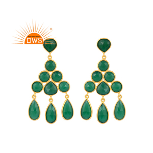 Latest Design Sterling Silver 18K Gold Plated Natural <b>Green</b> Onyx Gemstone Dangle Earring Demi Fine Jewelry For Women - Product Image 1