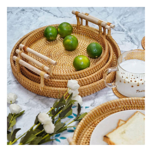 Hermosa bandeja de cesta de mimbre artesanal, diseño personalizado redondo, con asas entrega rápida, decoración del hogar, alimentos hechos, fabricante de Vietnam - Product Image 1