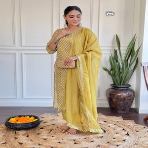 Elegante traje de rayas amarillas mostaza para mujer con encaje Dupatta elegante Ropa Étnica festiva lavable cintura Natural - Product Image 1