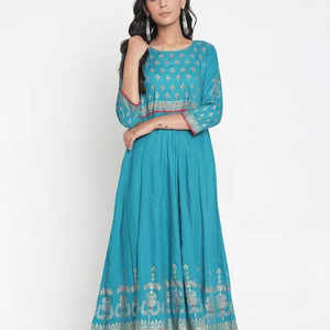 Tenue de fête traditionnelle indienne pour mariage, style Anarkali imprimé, entièrement cousue, en viscose rayonne, coupe trapèze, prête à porter pour femme, idéale pour l'été - Product Image 1