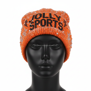 Gorro de punto para mujer, tejido acrílico suave, color naranja, logotipo personalizado tejido con diseño de diamantes de imitación brillantes, gorro jacquard. - Product Image 6