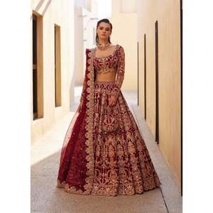 Vestido de Novia Paquistaní de Lujo, Lehenga Choli Color Granate, Seda Cruda, Bordado a Mano con Zardozi, Talla Personalizada, Maysa Couture - Product Image 1