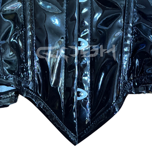 Glossy <b>Black</b> PVC Overbust Waist Cincher <b>Corset</b> With Steel Boning & Adjustable Lace-up Back - Product Image 6