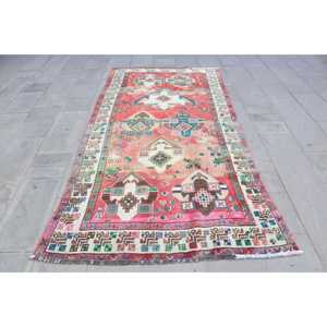Vintage Area Rug 4.5x8.6 ft (137x261 cm), Turkish <b>Red</b> Animal Print <b>Wool</b> Rug - Product Image 1