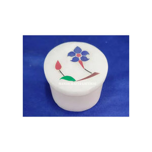 Très belles boîtes à bijoux rondes en marbre blanc incrusté de marbre blanc faites à la main pour le festival Vente en gros au prix le plus bas - Product Image 1