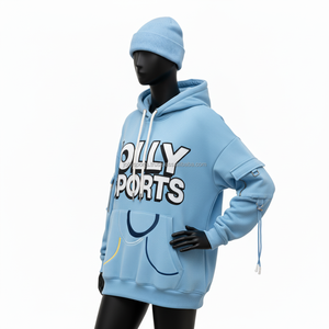 Premium 350 GSM algodón polar mujer Sudadera con capucha cielo azul chenilla bordado 3D Puff Logo diseño personalizado mujeres básicas sudaderas con capucha - Product Image 4