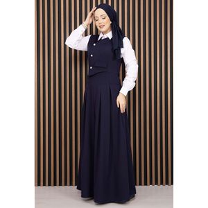 ชุดเซ็ต 2 ชิ้น สีกรมท่า แต่งจีบ สำหรับสุภาพสตรี ประกอบด้วยเสื้อและเสื้อกั๊ก พร้อมกางเกงขาสั้นหรือกระโปรง สำหรับฤดูร้อน - Product Image 3