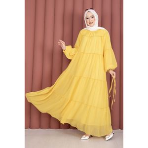 Vestido de Gasa Amarillo Oscuro con Spandex, Detalle Fruncido y Capas, Cintura Imperio, Sexy para Club/Día a Día, Tallas XS-XL, Incluye Forro - Product Image 5