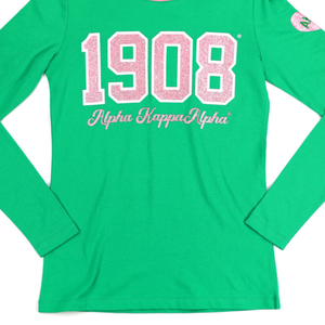AKA T-Shirt a manica lunga verde 100% in cotone con Glitter stampato lettere greche da donna T-Shirt alla moda personalizzata AKA - Product Image 3