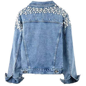 แจ็กเก็ตยีนส์สำหรับผู้หญิงแจ็กเก็ตผ้าเดนิมปักด้วยไข่มุกออกแบบโลโก้ได้ตามที่ต้องการคุณภาพสูง - Product Image 6