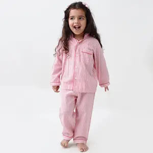 Setelan piyama bergaris merah muda katun setelan malam untuk anak-anak pakaian tidur gaun tersedia dalam jumlah besar