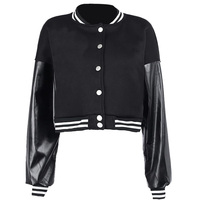 Jaket Varsity Olahraga Wanita Model Crop Kerah Kancing Berbahan Wol 100% Desain Khusus Bordir Handuk Pewarnaan Polos Bernapas