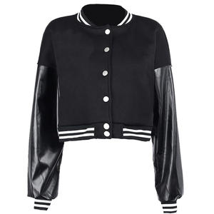 Custom Design 100% Wool Towel Embroidery Plain Dyed Organic Leather Long Sleeve Stripes <b>Collar</b> <b>Women</b> Crop Sports Varsity Jackets - Product Image 4