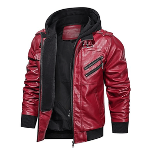 Chaqueta de moto con cremallera de piel de cordero azul marino con capucha extraíble negra para hombre - Product Image 4