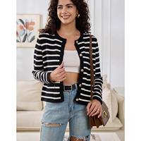 Cardigan décontracté à manches longues et col rond pour femme, à rayures et boutons, design simple pour l'automne et l'hiver