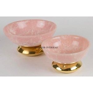 ชุดชามทรงกลมทำจากหินอ่อนสีชมพูคุณภาพสูง2ชิ้นฐานโลหะชุบทองเกรดสูง - Product Image 1