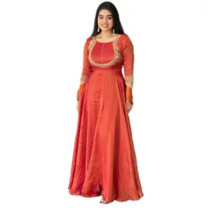 Ropa étnica india, seda de tafeta pesada y nner adjunto con bordado de secuencia de hilo, trajes de Anarkali para mujer