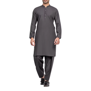 ชาลวาร์ Kameez ชาร์โคลสีเทาแบบทันสมัยสำหรับผู้ชายที่มีสายรัดคอดีไซน์ทันสมัยเหมาะสำหรับสวมใส่ในชีวิตประจำวัน - Product Image 1