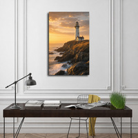Tableau encadré Toile Paysage Marin Phare Coucher de Soleil Doré Décoration Murale en Bois Personnalisée pour la Maison