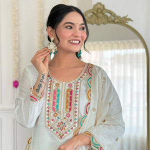 Latest Fashionable Pure Viscose Chanderi Embroidery Work Top Embroidery Work Full Sleeve With Pant With Embroidered Dupatta - Product Image 1