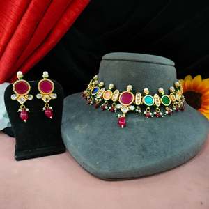 Ensemble collier en pierre de moissanite et kundan pour femmes, brillant radieux, idéal pour les mariages, les occasions spéciales ou les événements festifs, tour de cou - Product Image 1