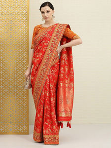 Trendmalls-Saree à broderie pour femme avec chemisier non cousu, style de fête et de mariage, coupe régulière (K1112-Red) - Product Image 3