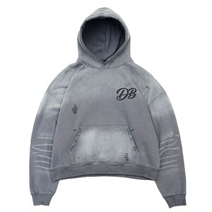 เสื้อฮู้ดดี้ผู้ชายทรงโอเวอร์ไซส์ผ้าคอตตอนหนาน้ำหนัก 400 กรัม รุ่น Essentials สำหรับฤดูใบไม้ร่วง พร้อมโลโก้สั่งทำพิเศษ คุณภาพสูง ล้างสีแบบ Distressed Acid Wash - Product Image 6