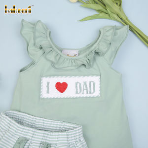 Ensembles de vêtements pour filles de luxe en gros personnalisés à Hanoï - Je t'aime Papa - Ensemble court pour bébé à smocks - 100% coton - Olive foncé uni - Oxford - Product Image 6
