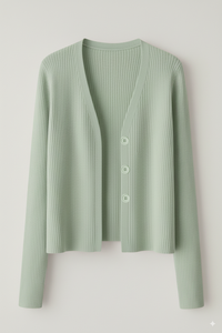 Cardigan court en tricot côtelé uni pour femme, pull léger extensible à manches longues avec boutons, ensemble respirant et écologique - Product Image 6