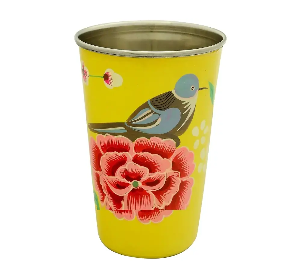 stainless steel water glass with printed flower bird design modern design customized size stainless steel glass at low price