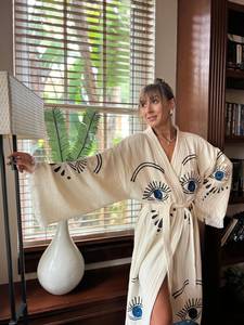 Vestidos Turcos para Mujer, Estilo Urbano, Natural, Sólido, Elegante, Manga Larga, Ojo Turco, Casual, Bohemio, con Cinturones, Kimono Tejido, para Playa - Product Image 2