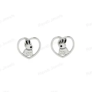 Orecchini a forma di cuore di coniglio in argento di tendenza orecchini con orecchini a bottone leggeri simpatici animali coniglietti in argento Sterling gioielli regalo per ragazze