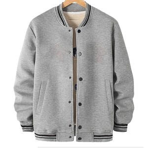 Men's Light <b>Grey</b> Letterman <b>Jacket</b> Soft <b>Fleece</b> Bomber Style with Striped Ribbed Trim Snap Buttons Casual Comfortable Streetwear - Product Image 1