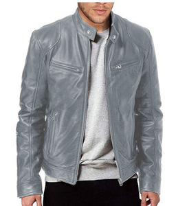 Chaqueta de cuero PU a prueba de viento con cremallera y soporte de otoño para hombre, abrigo corto ajustado con solapa y lona para motociclismo - Product Image 4