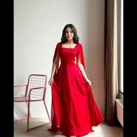 2025 Elegantes Luxuriöses Rotes Chiffon A-Linien Abendkleid mit Stehkragen, Bodenlang, Reguläre Ärmel, Natürlich Verziert mit Handgefertigten Perlen