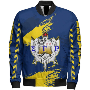 Chaqueta de Satén SGRho, Azul y Dorado, Bordado Universitario Sigma Gamma Rho 1922, Prenda Exterior para Mujer - Product Image 1