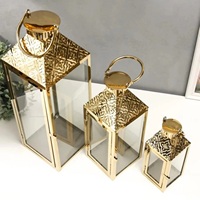Juego de 3 Faroles Decorativos de Metal Dorado y Vidrio con Diseño Martillado, Modernos y Lujosos, Hechos a Mano, para Decoración del Hogar, para Uso en el Suelo durante el Ramadán