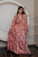 Robe de soirée Maxi à imprimé floral décontracté de style Boho pour femmes col en V manches évasées à volants déco multicolore avec fente