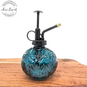 Indian Wholesale Small Round Sky-Blue Ribbed Glass Plant Mister Sprayer with Brass Nozzle for Watering Can Sprinkler Bottle