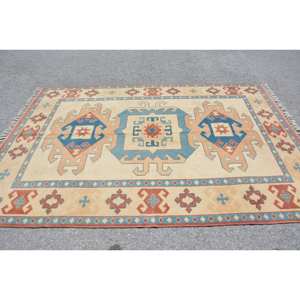 Alfombra Kilim turca Vintage Beige azul 5,8x8,4 pies patrón de retazos de lana respaldo de látex para decoración para sala de estar para adolescentes tamaño 9x12 - Product Image 3