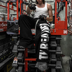 Custom Rhinestone Screen Printed <b>Baggy</b> Wide Leg Sweat Pants Oversized Mid Waist Cotton Knit <b>Jogger</b> Trousers Dark Wash Casual - Product Image 5