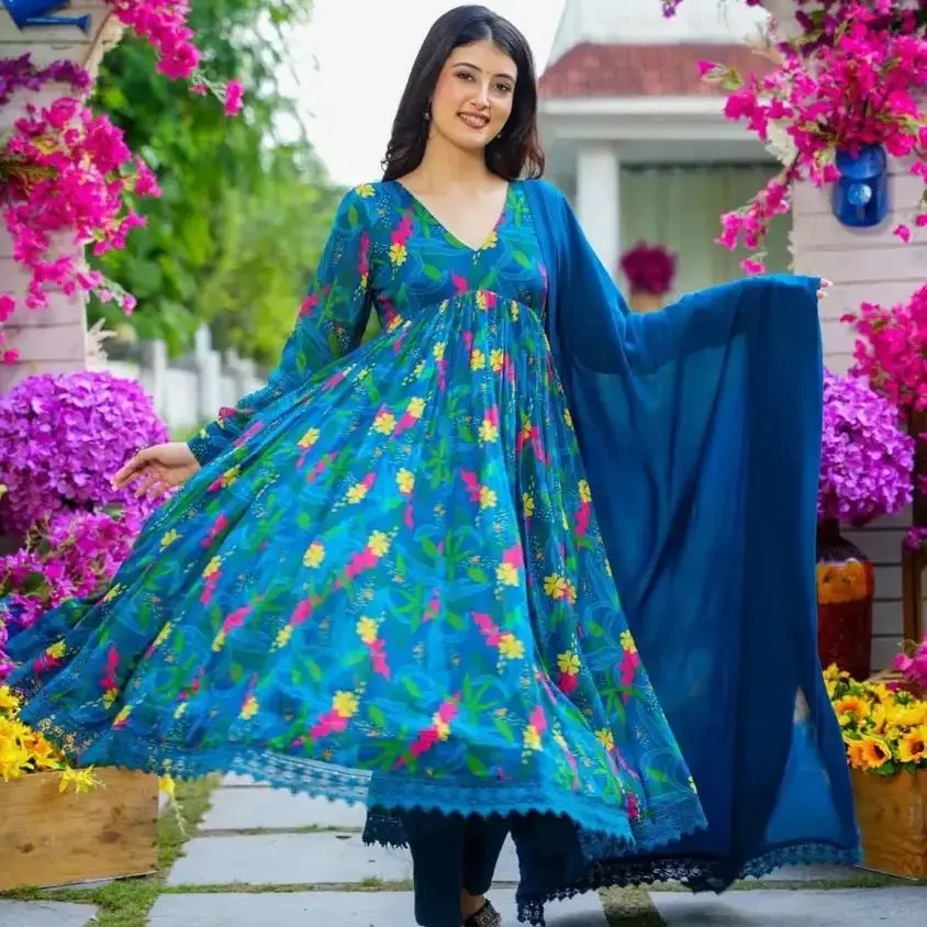 Prémio Teal Azul Aanrkali Vestido Floral Kurti para as mulheres Totalmente Costurado anarkali festa desgaste vestido anarkali kurti Vestido