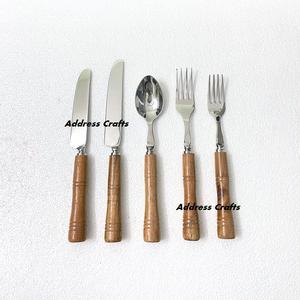 Juego de Cubiertos de Acero Inoxidable con Mango de Madera Natural Estilo Rústico, Cubiertos Gruesos Plateados para Cocina - Product Image 4