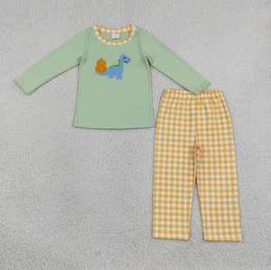 Longlv Ensemble pyjama en coton pour garçons, haut à manches longues avec dessin animé de dinosaure vert, short à carreaux jaunes, 2-4 ans, vêtements décontractés, modèle 26-29 - Product Image 6