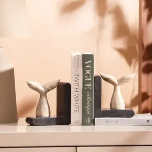 Handcrafted Whale Tail <b>Bookends</b> with Natural Stone Bases Sculptural Book Holder Pair for Home Office Hotel - Product Image 2