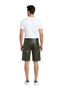 Mens Genuine Leather Cargo <b>Shorts</b> with Side <b>Zipper</b> Pockets Olive Green Fashionable and Streetstyle - Product Image 5