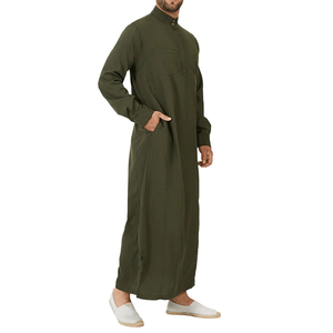Elégant col montant boutonné vert couleur unie longueur plancher manches longues coton respirant Thobe / Thawb - Product Image 2