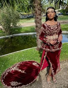 2025 ROBE KARAROU pour femmes belles perles de cristal embellies perles verre pierre marron veste velours tissu brodé - Product Image 2