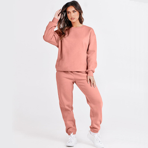 Custom Women's Two Piece Breathable 100% Cotton Fleece Crewneck Sweatsuit Jogger Lounge Sets Hooded Front Logo Solid Winter - Product Image 5