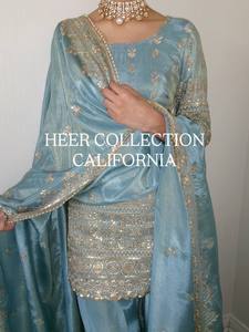 Nouveau costume Sharara en chinon brodé par des designers, avec broderies de sequins, entièrement cousu, avec élastique, lourd et prêt-à-porter - Product Image 4